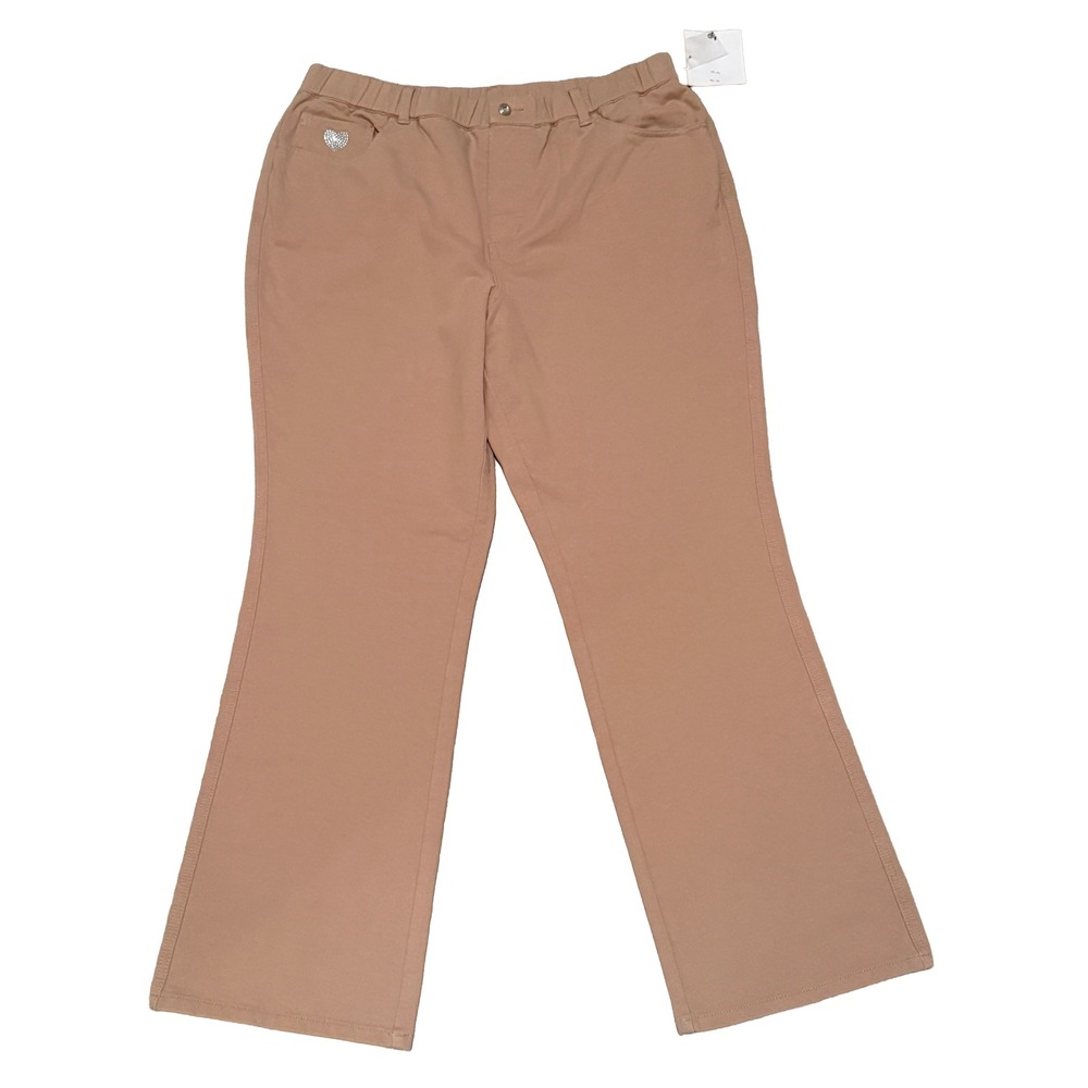 Quacker Factory DreamJeannes Pants Women XL Tan Rhinestone Heart Flare Leg
